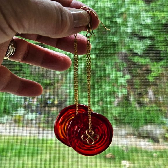 NWOT Red Pressed Glass Earrings, Handmade w/14k Gold Filled Chain - 3 3/4" - Picture 11 of 11